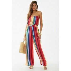 Forever 21 Multicolor Striped Strapless Palazzo Satin Jumpsuit